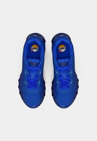 Een paar blauwe Nike Air Max sneakers van bovenaf bekeken op een witte achtergrond, met zichtbare veters en gelabelde binnenzolen.