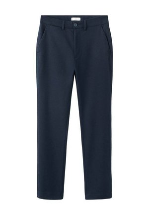 Granatowe spodnie wykonane z teksturowanego materiału, z zapięciem na guziki, dwoma bocznymi kieszeniami oraz prostymi nogawkami.