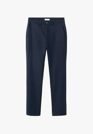 Pantaloni blu navy realizzati in materiale strutturato, dotati di chiusura con bottone, due tasche laterali e design a gamba dritta.