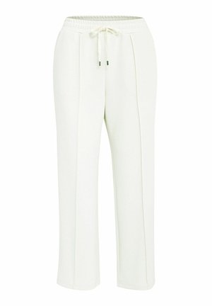 Lightweight, cream-colored trousers with a drawstring waist, front pleats, and straight legs. Soft fabric with a smooth texture.