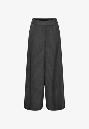 Spodnie o szerokich nogawkach wykonane z ciemnoszarej tkaniny w pionowy wzór w prążki. Elastyczny pas w talii i luźny krój zapewniające wygodę i swobodę ruchów.