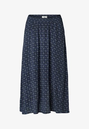 Mornarska maxi suknja s cvjetnim uzorkom i elastičnim pojasom, koja prikazuje delikatan uzorak malih cvjetova u zelenoj, plavoj i bijeloj boji. Izrađena od mekog materijala.