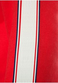 Rotes Stoffdetail mit einem auffälligen weißen Streifen, der auf einer Seite von schmalen marineblauen Linien akzentuiert wird. Glatte Textur und lebendige Farbe.