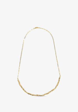 Collier chaîne en or délicat avec des maillons texturés et irréguliers à l'avant et des maillons rectangulaires allongés formant le reste de la chaîne.