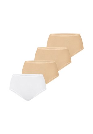 Čtyři kalhotky s vysokým pasem, tři béžové a jedny bílé, uspořádané diagonálně na bílém pozadí.