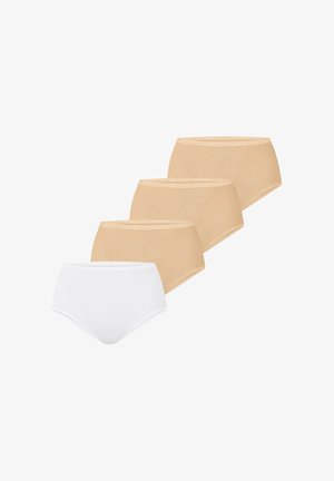 Fire trusser med høj talje, tre i beige og en i hvid, arrangeret diagonalt på en hvid baggrund.