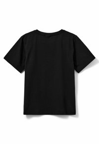 Crna pamučna majica s kratkim rukavima, okruglim izrezom i jednostavnim stražnjim dizajnom. Tkanina ima glatku teksturu i regularan kroj.