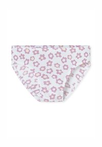 Slip fiorito bianco con fiori rosa e gialli. Realizzato in materiale morbido ed elastico, presenta un taglio classico e una fascia elastica in vita.