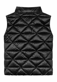 Schwarze gesteppte Weste mit Stehkragen, Rautenmuster und glänzendem Finish. Ärmelloses Design ohne sichtbare Verschlüsse.