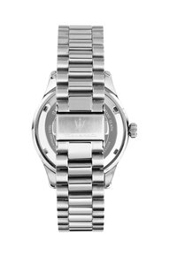 Edelstahlarmbanduhr mit polierter Oberfläche, Gliederarmband und runder Gehäuseform. Verfügt über eine Krone und ein graviertes Logo auf der Schließe.