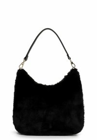 Borsa in pelliccia sintetica nera con una texture morbida, forma semicircolare e una tracolla corta in pelle. Presenta elementi metallici argentati.