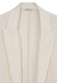 Knitterweißes Blazer mit Spitzrevers und einer einzelnen Tasche. Etikett mit der Aufschrift "CALLIOPE", Größe S. Leichter Stoff.