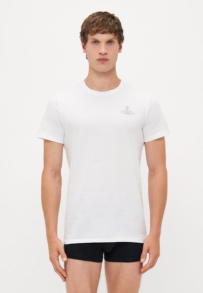 White short-sleeve t-shirt made of cotton, featuring a subtle graphic design in grey on the left chest area and a classic round neckline.