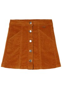 Korduroy mini-rok in roestorange met metalen drukknoopjes aan de voorkant en twee diagonale voorzakken.