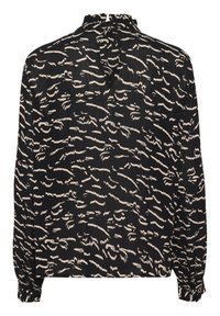Schwarze Bluse aus strukturiertem Stoff mit einem cremfarbenen abstrakten Muster, langen Ärmeln und einem hohen, rüschierten Ausschnitt mit einem Schlitz.