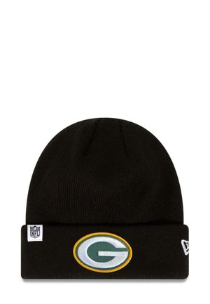 Black knit beanie featuring an embroidered green "G" logo with a yellow outline. Soft texture, cuffed design, and NFL patch on the side.