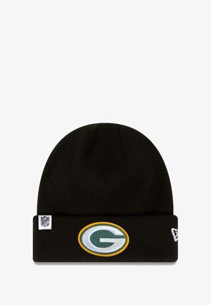 Black knit beanie featuring an embroidered green "G" logo with a yellow outline. Soft texture, cuffed design, and NFL patch on the side.