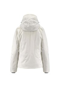 Giacca bianca impermeabile con cappuccio, caratterizzata da un design aderente, dettagli delle cuciture e polsini regolabili. Tessuto liscio e leggero.