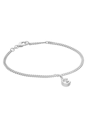 Silver chain bracelet with a small pendant shaped like the letter "C" and a lobster clasp closure.