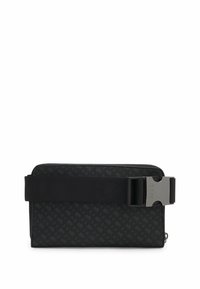 Black rectangular clutch with textured pattern, wide black strap, and silver clasp buckle engraved with "BOSS."
