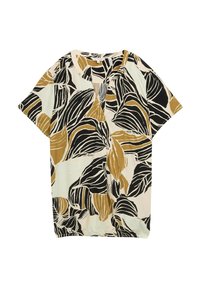 Kortærmet skjorte i blødt stof med en cremefarvet baggrund og klare sorte og gyldne bladmønstre, V-hals og afslappet pasform.