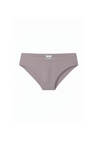 Slip bikini malva realizzato in tessuto liscio, con design a vita media, cuciture impunturate e una piccola etichetta del marchio sul davanti.