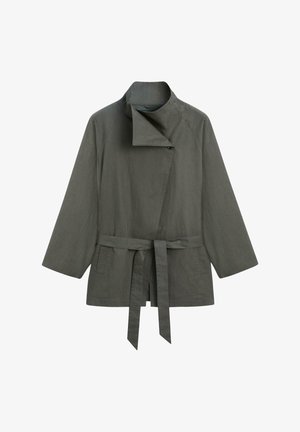 Olive green belted jacket with wide sleeves and a high asymmetric collar, featuring a single visible button closure.