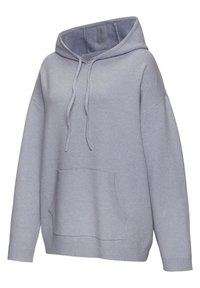 Grauer Pullover-Hoodie aus weichem Stoff, mit einer frontalen Tasche, Kordelzugkapuze und gerippten Bündchen im lässigen Design.