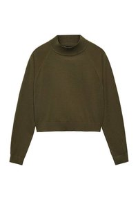 Olivgrüner, cropped Pullover mit hohem Kragen, gerippten Bündchen und weicher Textur. Verfügt über Raglanärmel und ein sauberes, schlichtes Design.