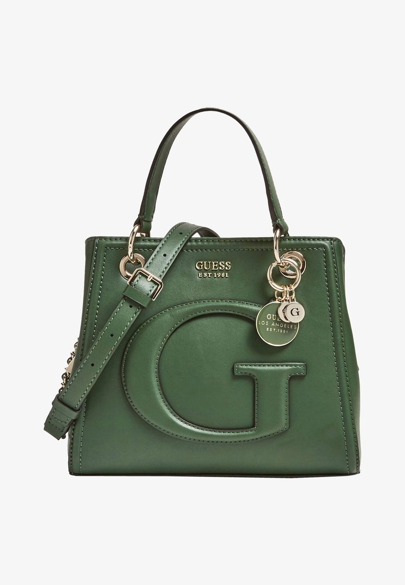 Sac à main en cuir vert avec un logo "G" en relief bien visible, quincaillerie dorée, doubles poignées supérieures et une bandoulière amovible.