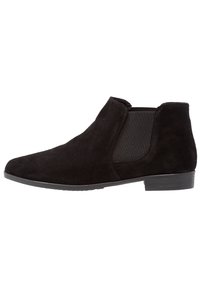 Stivale alla caviglia in suede nero con pannelli laterali elasticizzati, tacco basso e a blocco, e punta liscia e rotonda. Superficie testurizzata con design minimalista.