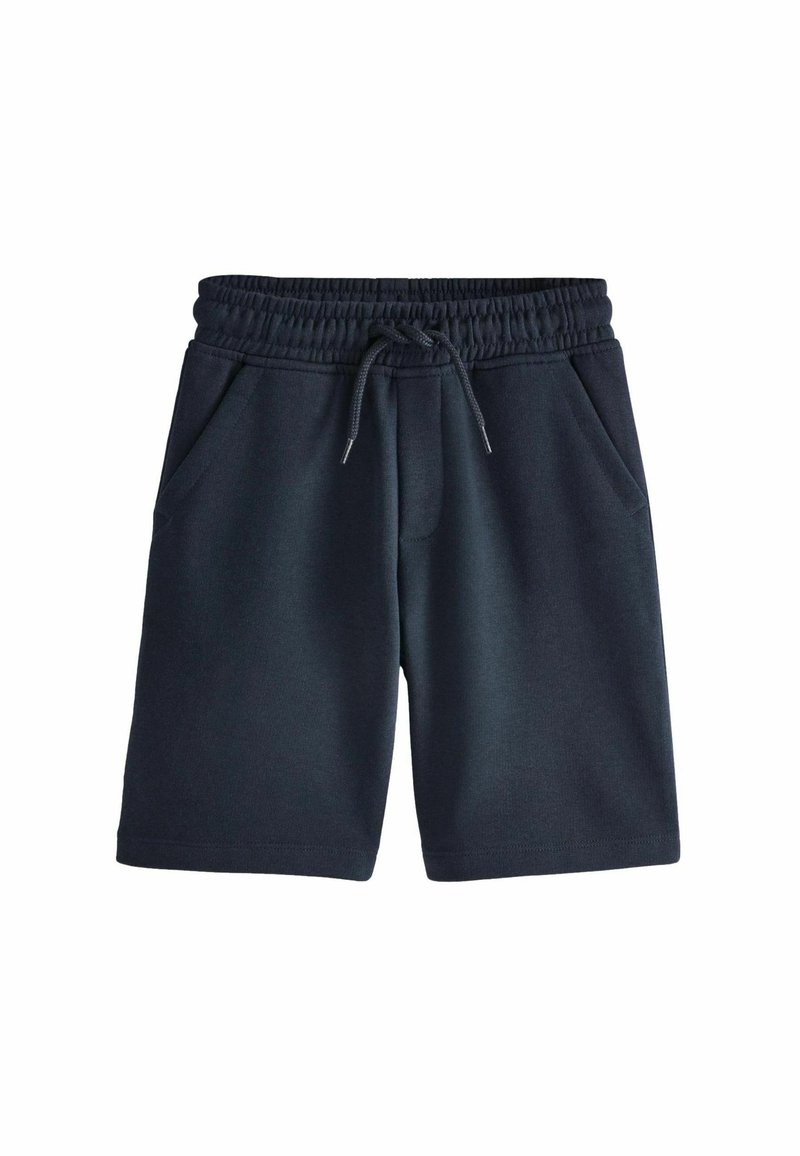 Marineblaue Baumwollshorts mit einem elastischen Bund, verstellbarem Kordelzug und zwei Vordertaschen. Glatte Textur, knielanger Schnitt.