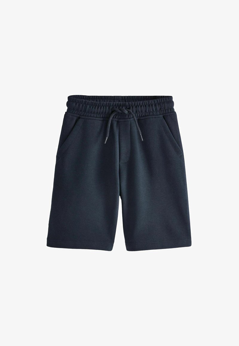 Marineblaue Baumwollshorts mit einem elastischen Bund, verstellbarem Kordelzug und zwei Vordertaschen. Glatte Textur, knielanger Schnitt.