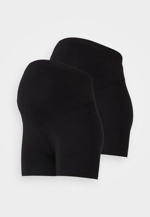 Black stretch shorts with a high waistband, featuring a smooth texture and a fitted design. Two pairs shown, both identical.