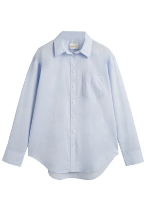 Light blue long-sleeve button-up shirt made of cotton, featuring a classic collar, a single chest pocket, and a curved hemline.