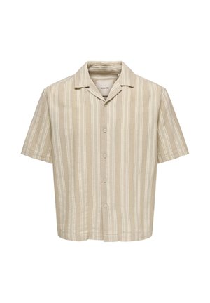 Chemise à manches courtes beige clair avec rayures verticales. Confectionnée en tissu texturé avec un col classique et une patte de boutonnage.