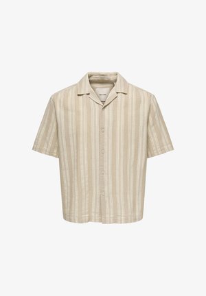 Rövid ujjú, gombos ing világos bézs színben, függőleges csíkokkal. Texturált anyagból készült, terpesztett gallérral és gombos elülső résszel.