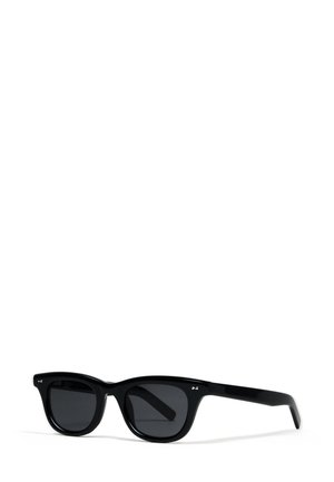 Black sunglasses with a glossy finish, rectangular shape, and dark lenses. Features small silver accents on the frame.