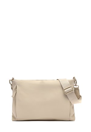 Beige crossbody bag made of smooth synthetic material. Features an adjustable strap and minimalist design with no visible logos or embellishments.
