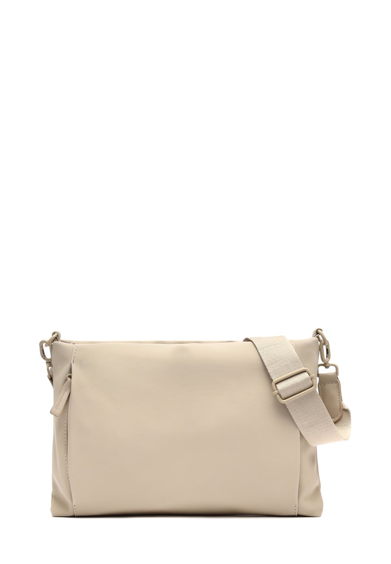 Borsa a tracolla beige realizzata in materiale sintetico liscio. Presenta una tracolla regolabile e un design minimalista senza loghi o decorazioni visibili.