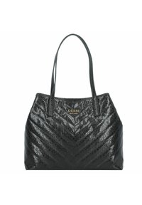 Sac fourre-tout noir synthétique avec texture à motifs, présentant un design en chevrons, un logo embossé et des accessoires en ton or. Deux anses pour l'épaule.