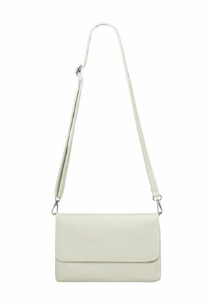 Helles graues Lederhandtasche mit einem umklappbaren Deckel und verstellbarem Tragegurt. Verfügt über eine strukturierte Oberfläche und silberne Hardware-Akzentuierungen.