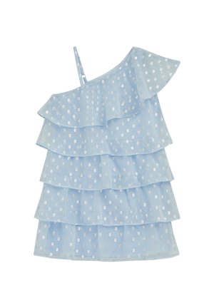Világoskék ujjatlan ruha ezüst pöttyös mintával, réteges fodrokkal és egy vékony vállpánttal, fehér háttéren.
