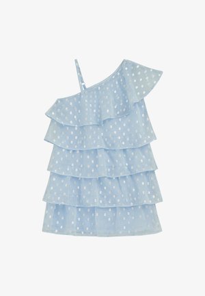 Svijetloplava haljina bez rukava s uzorkom od srebrnih točkica, višeslojnim volanima i jednom tankom naramenicom na bijeloj pozadini.