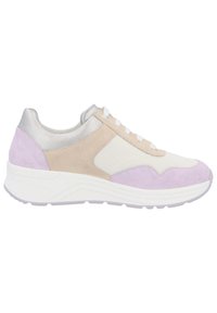 Sneakers with a mix of materials: beige suede, white mesh, and lavender accents. Features a thick white sole and silver detailing on the heel.