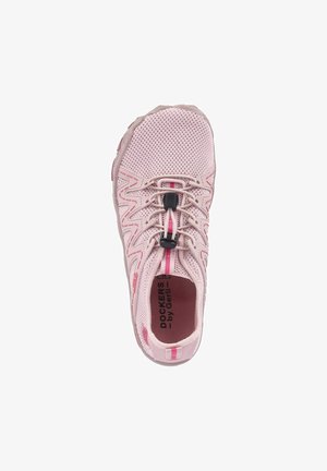 Light pink breathable mesh sneaker with elastic toggle laces, padded collar, and rubber sole, branded Dockers by Gerli inside.