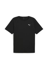 Sort atletisk t-shirt med korte ærmer, der har et hvidt Puma-logo på brystet, designet til komfort og ydeevne.