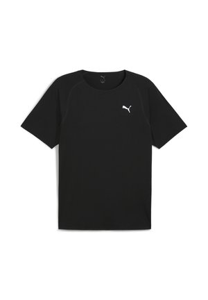Sort atletisk t-shirt med korte ærmer, der har et hvidt Puma-logo på brystet, designet til komfort og ydeevne.