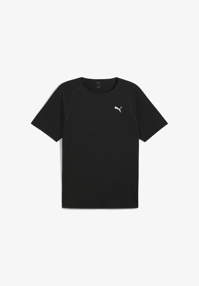 Mustat urheilupaita lyhyillä hihoilla, jossa on valkoinen Puma-logo rinnassa, suunniteltu mukavuuden ja suorituskyvyn takaamiseksi.