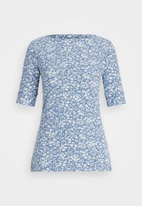 Blå blommönstrad topp med rund halsringning och korta ärmar, tillverkad av lätt tyg med en slät yta och subtilt mönster.